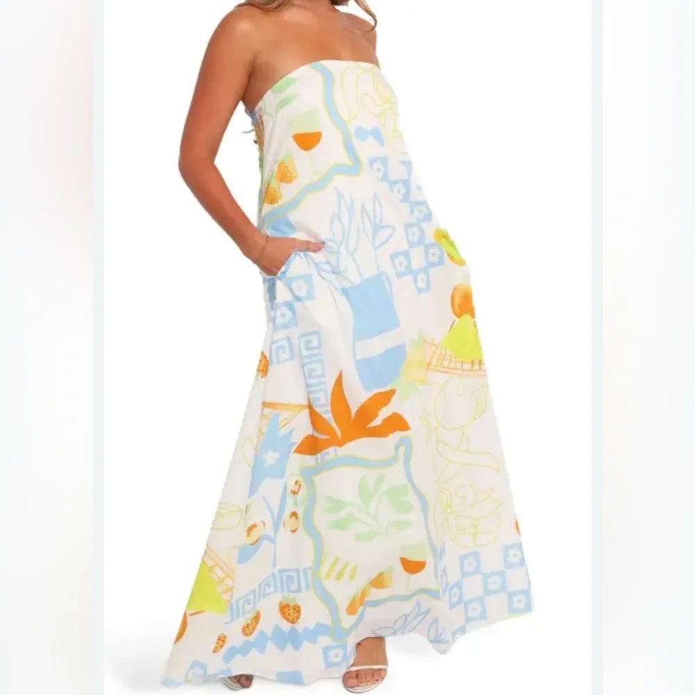 Petal & pup Kaelani Printed Strapless Cotton Maxi Dress ladies size small White - Picture 1 of 10